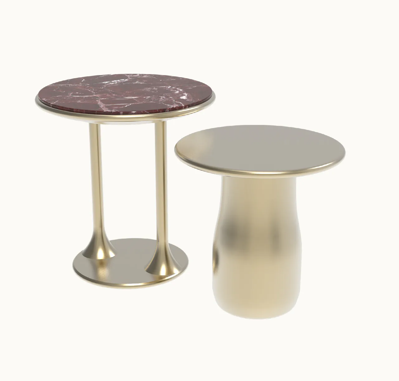 Burgundy stone and ivory side tables, angled view